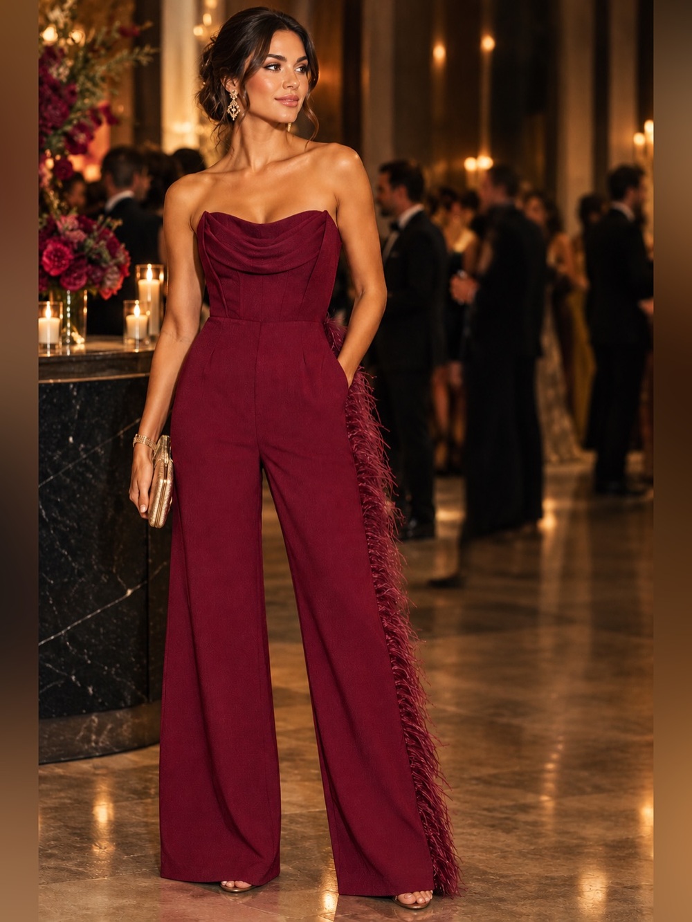 Club L London Strapless Corset Feather-Trim Wide-Leg Jumpsuit - Burgundy